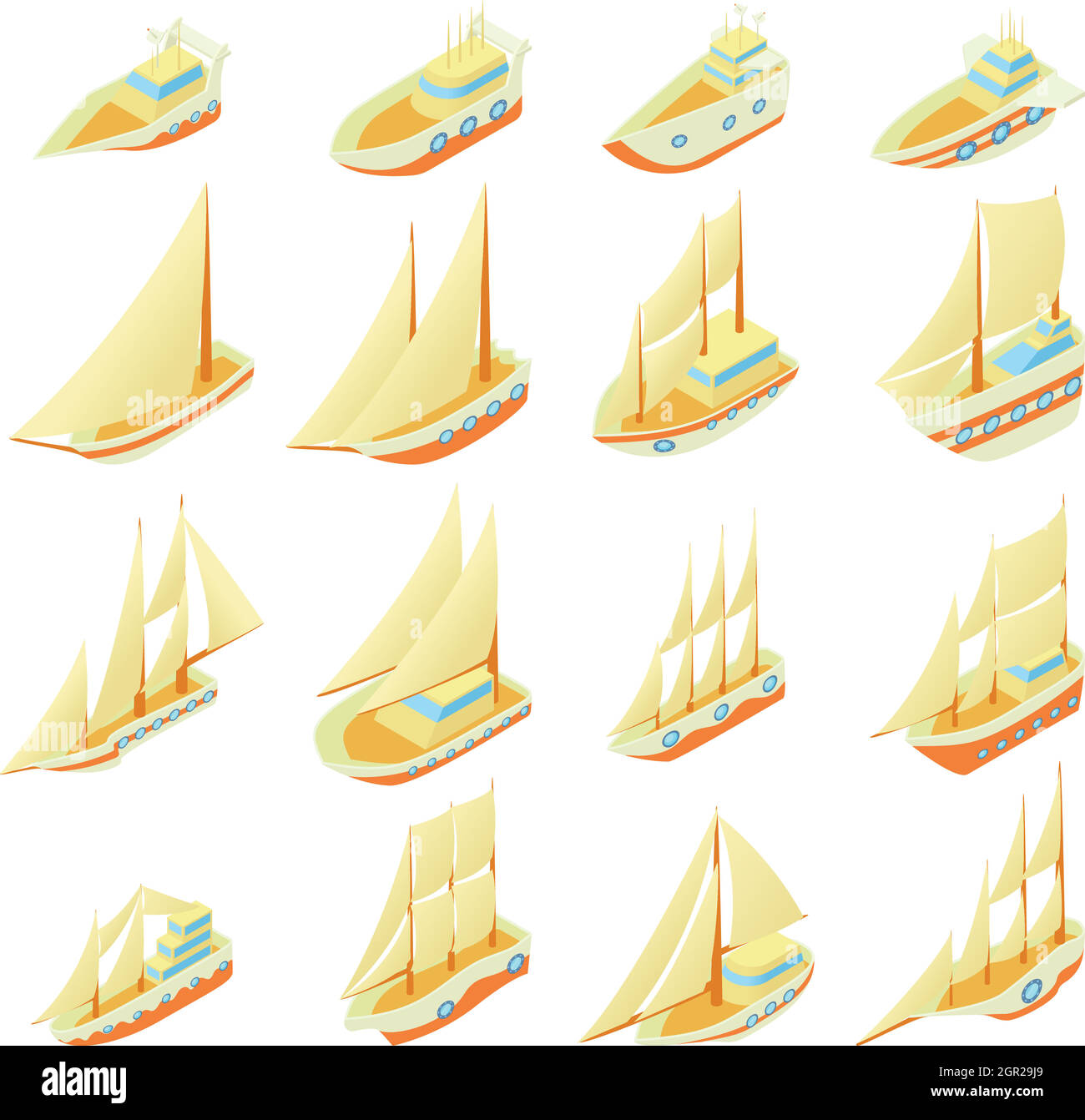 Bateau à voile, cartoon style icons set Illustration de Vecteur