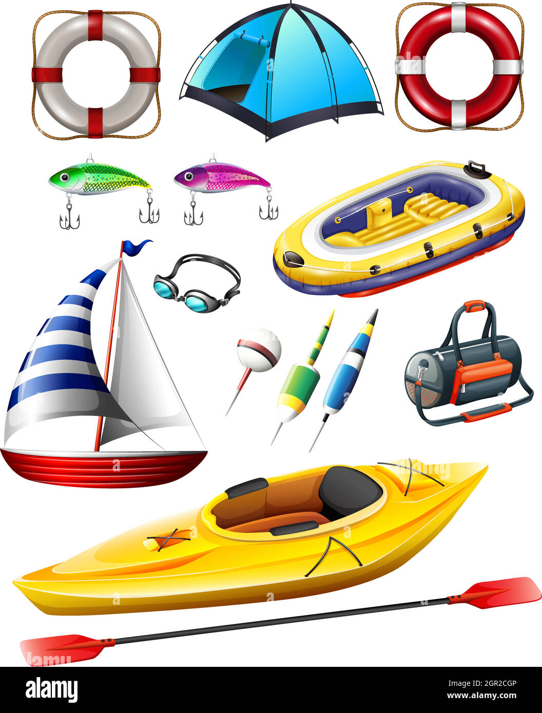 Équipements de pêche et bateaux Illustration de Vecteur
