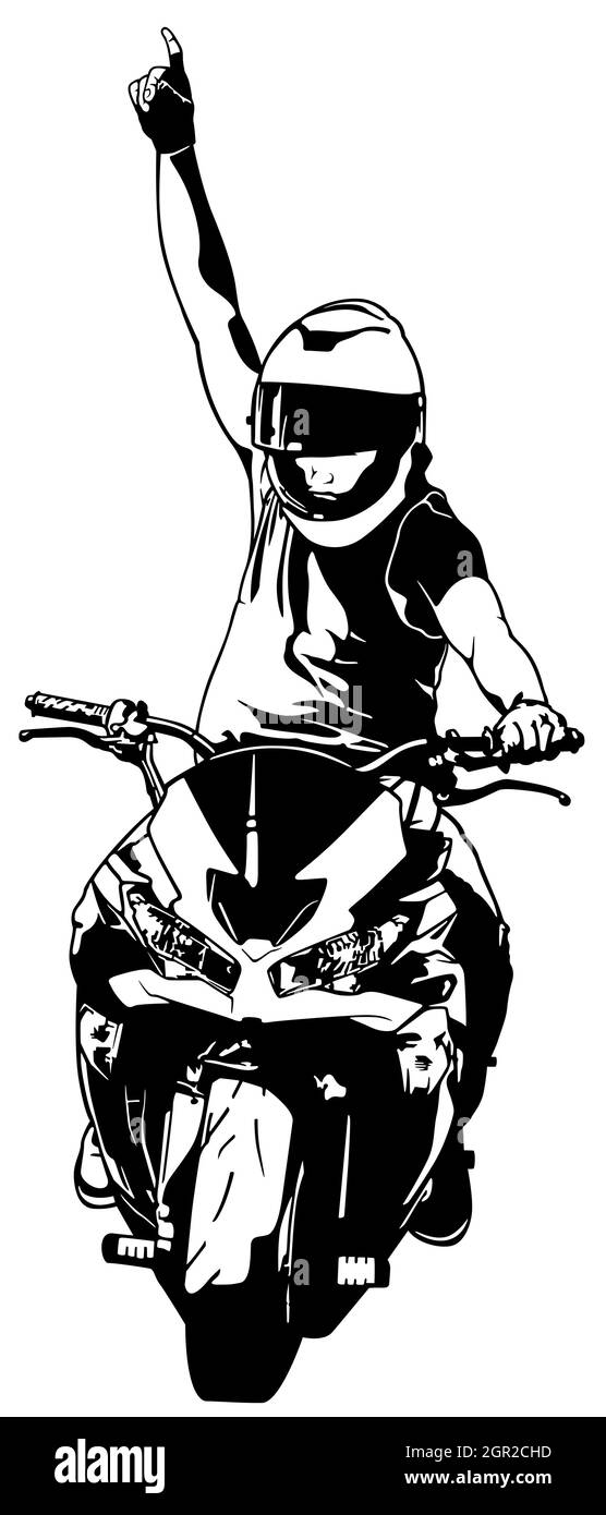 Noir et blanc dessin d'un motard sur une moto Illustration de Vecteur