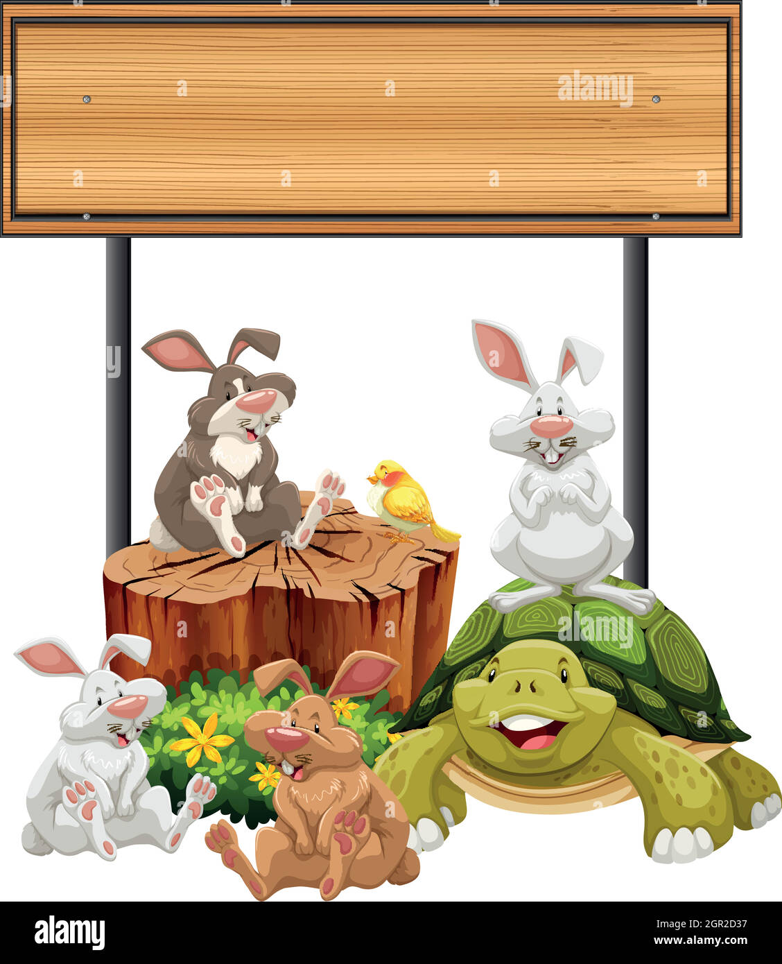 Panneau en bois avec lapins et tortues Illustration de Vecteur