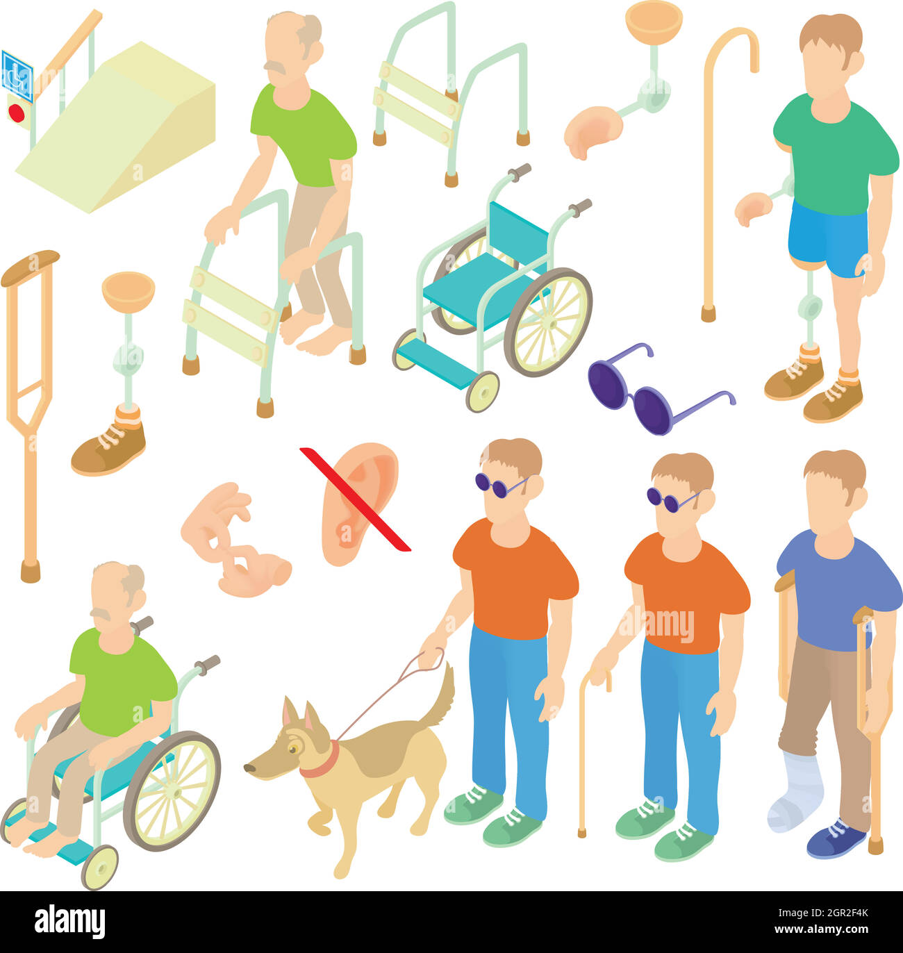 Les personnes à mobilité réduite, soins icons set style 3D isométrique Illustration de Vecteur