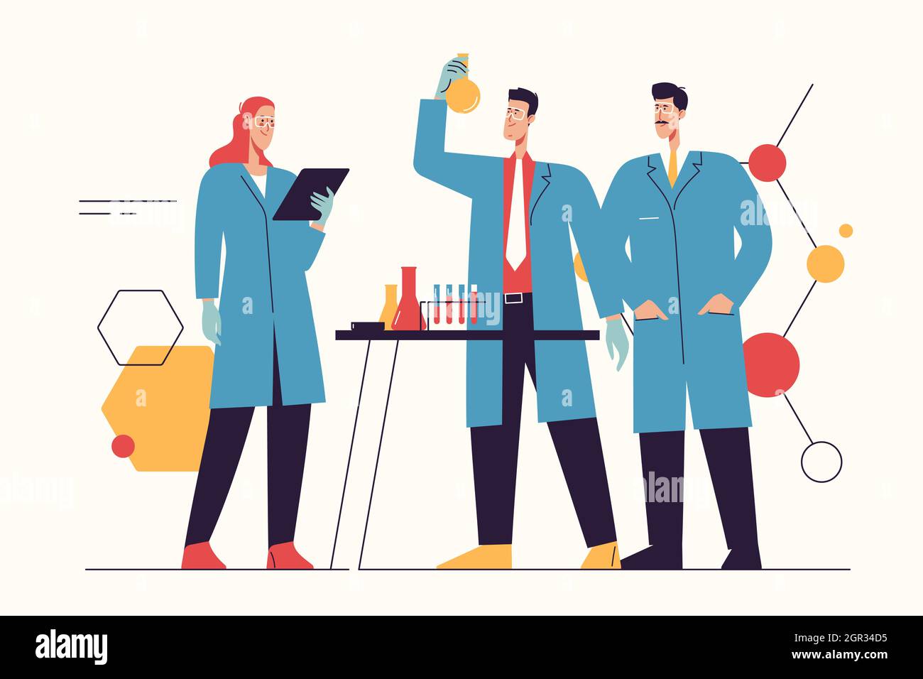 Illustration vectorielle représentant un groupe de scientifiques travaillant, faisant des tests, faisant des recherches en laboratoire. Contour modifiable Illustration de Vecteur