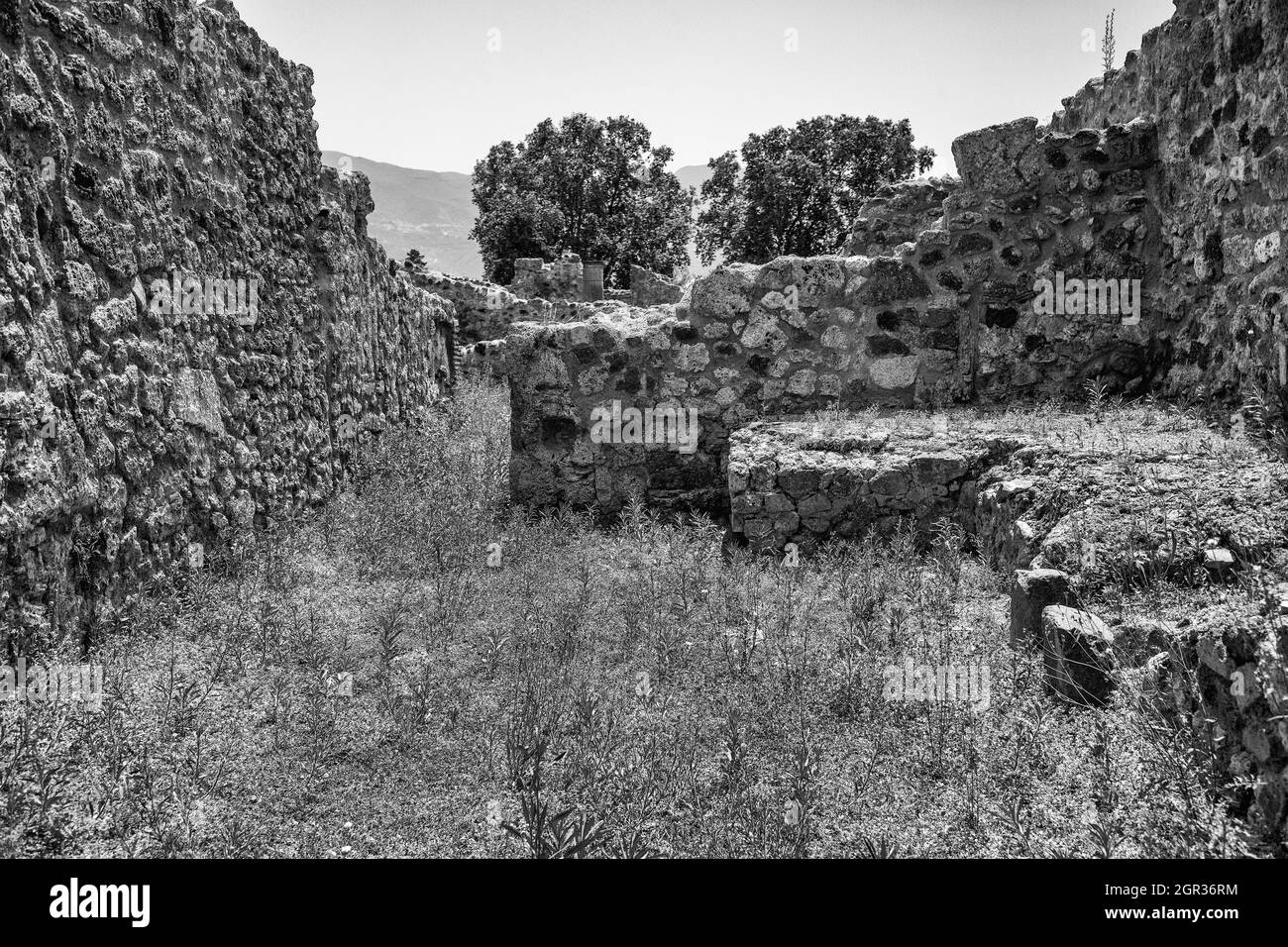 Photo en échelle de gris du site archéologique de Pompéi dans le sud de l'Italie, région de Campanie. Banque D'Images