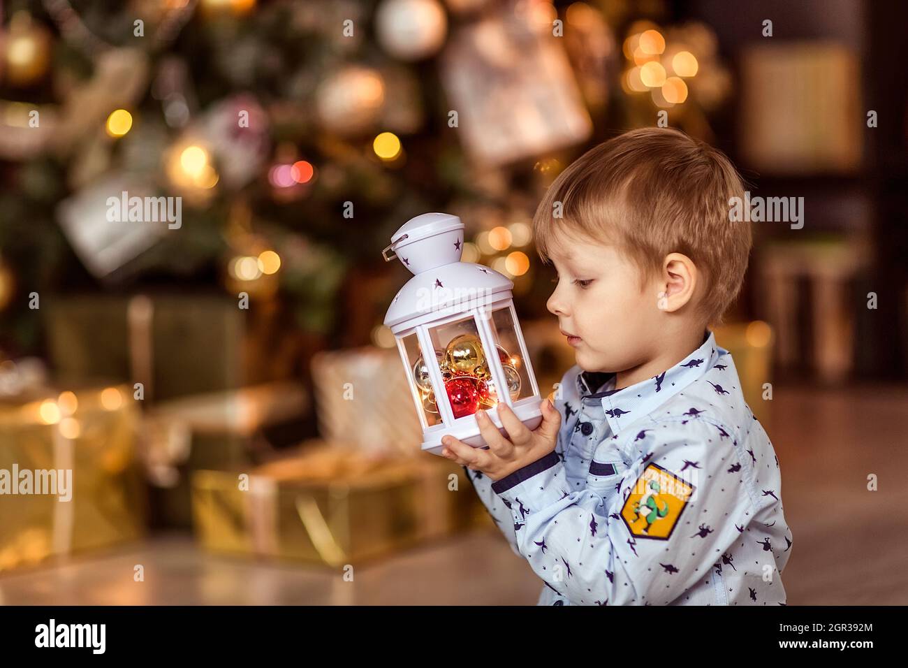 Un Beau Garcon De 4 5 Ans Est Assis Et Tient Une Lampe De Poche Etincelante Dans Ses Mains Photo Stock Alamy