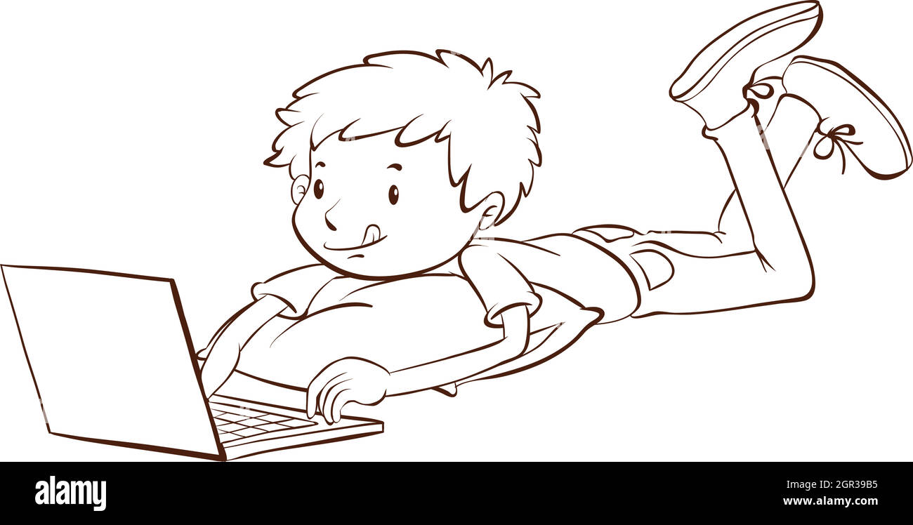 Un dessin d'un garçon à l'aide d'un ordinateur portable Illustration de Vecteur