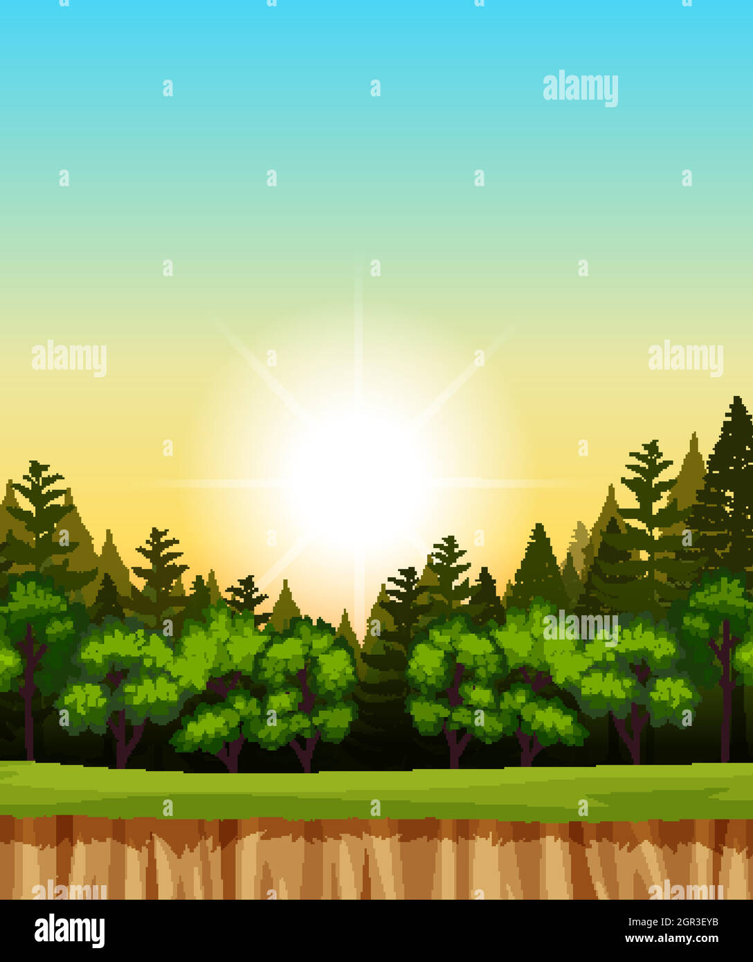 Scène vide de ciel de lever de soleil avec des pins dans la forêt Illustration de Vecteur