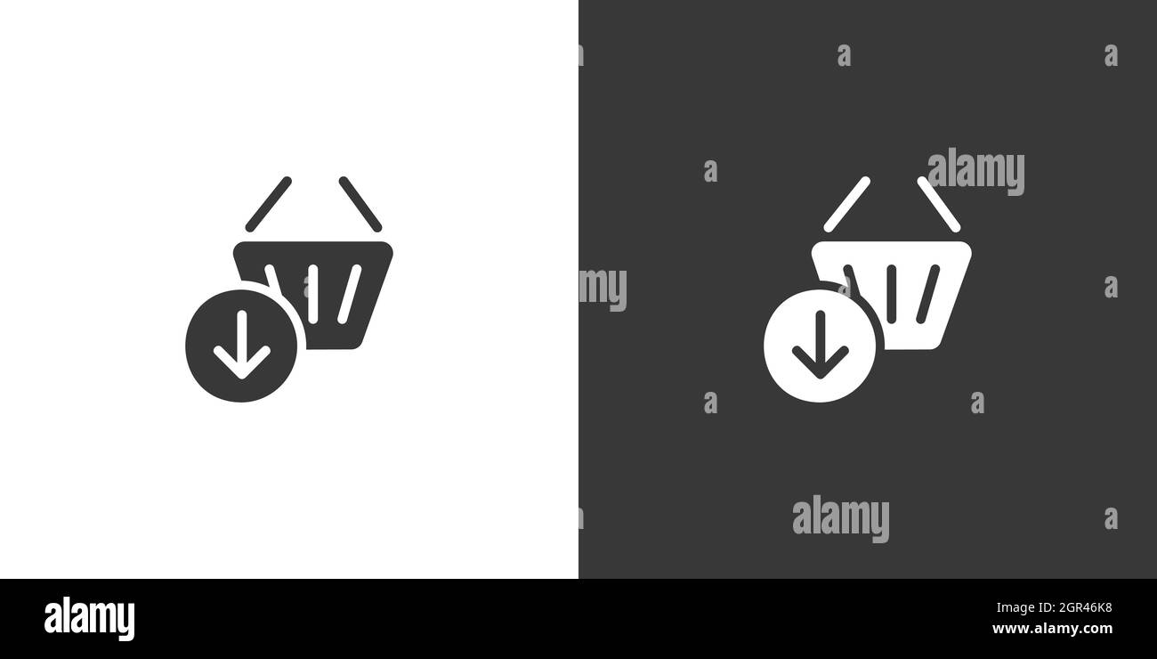 Panier. Flèche vers le bas. Icône isolée sur fond noir et blanc. Illustration du vecteur de glyphe de commerce Illustration de Vecteur