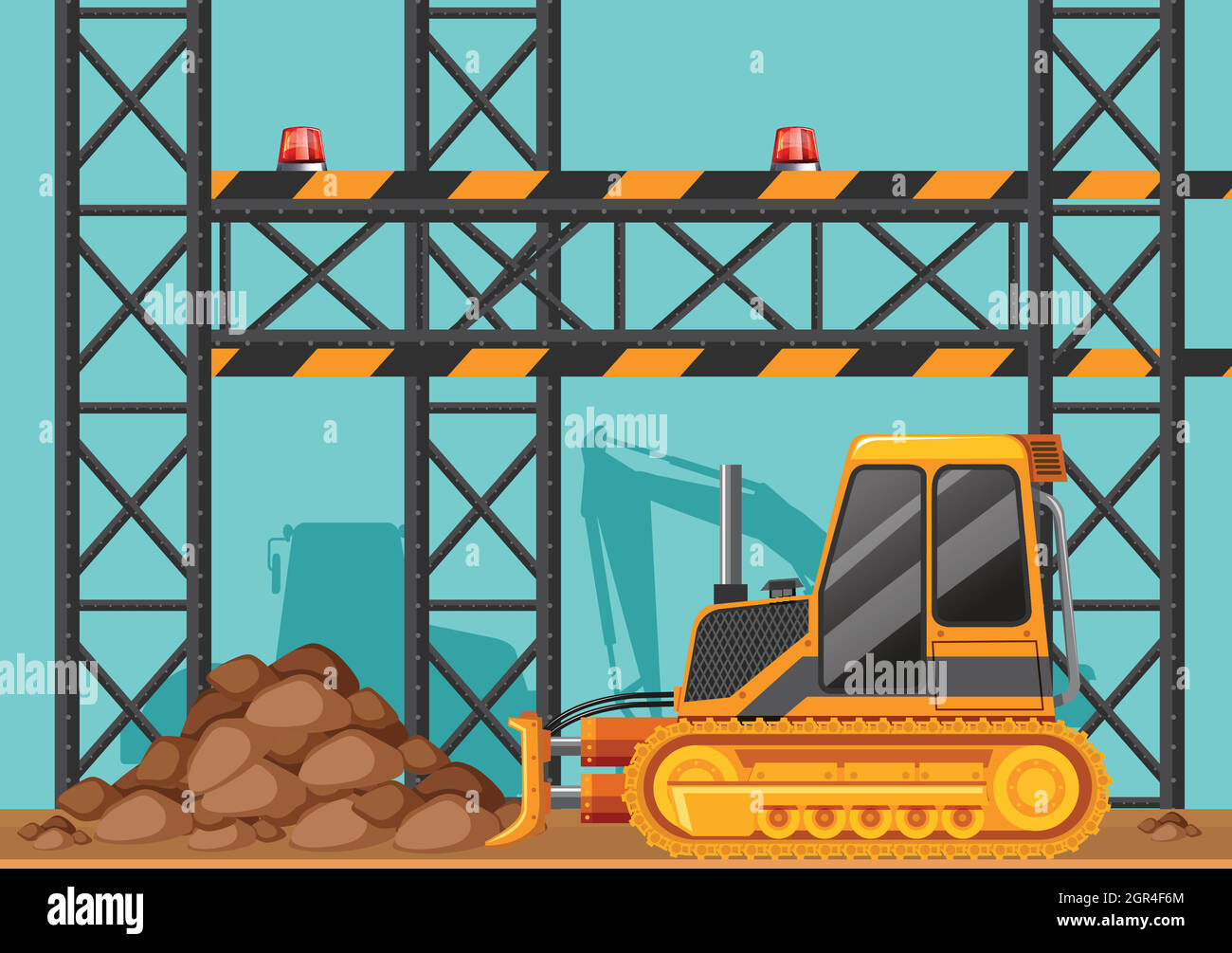 Chantier avec bulldozer et barres métalliques Illustration de Vecteur