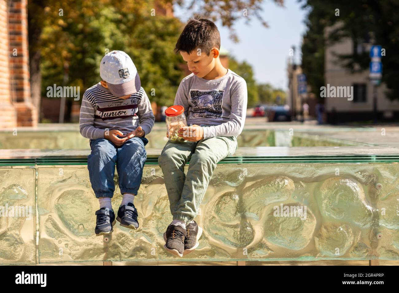 POZNAN, POLOGNE - 05 septembre 2021 : deux jeunes garçons polonais assis sur une barrière de verre et regardant les insectes dans un pot Banque D'Images