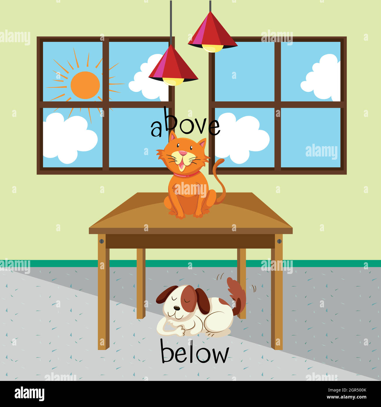 Mots opposés pour le dessus et le dessous avec chat et chien dans la chambre Illustration de Vecteur