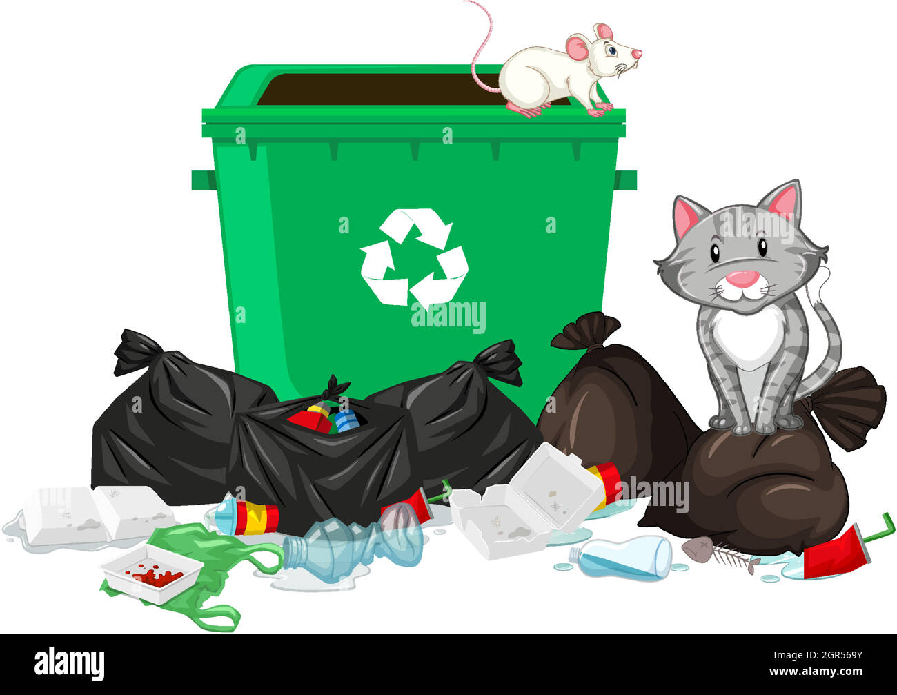 Scène avec le chat et le rat au trashcan Illustration de Vecteur