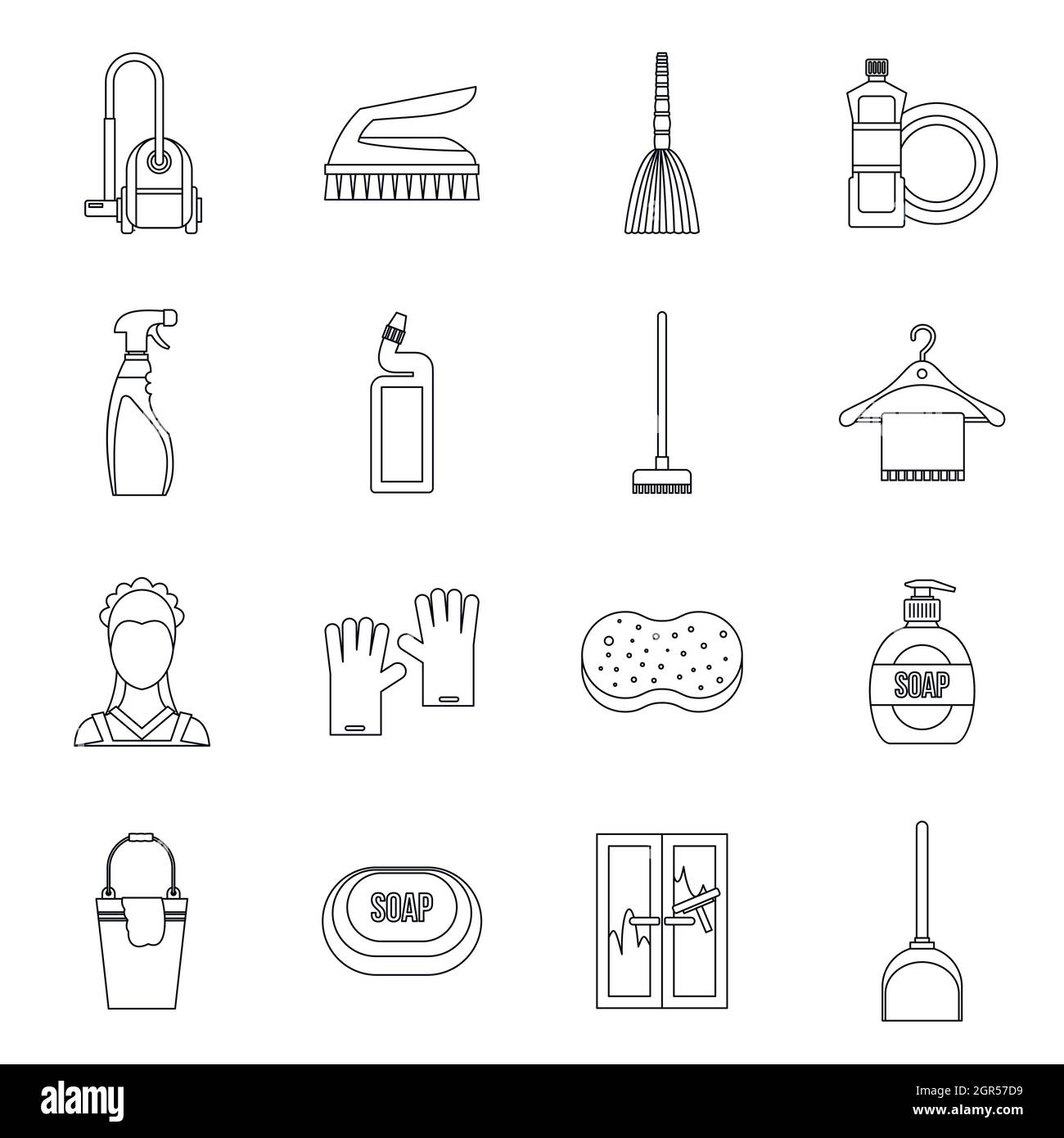 Nettoyage de la chambre, style contour icons set Illustration de Vecteur