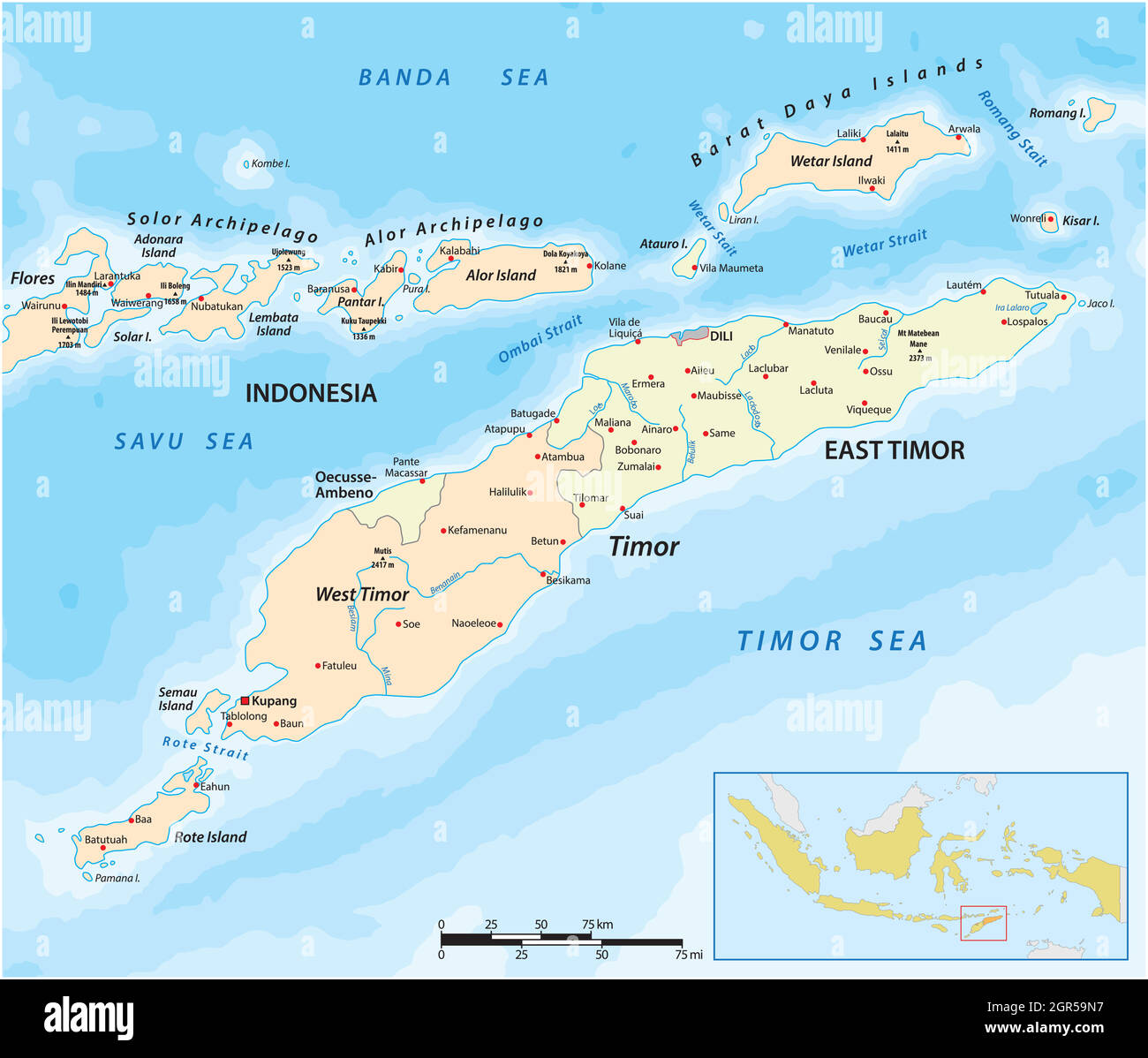 Carte de l'île du Timor, du Timor oriental et de l'Indonésie Illustration de Vecteur