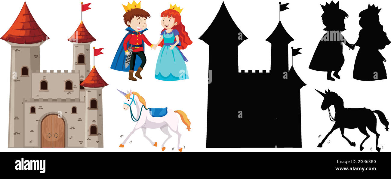 Château avec prince et princesse et cheval en couleur et silhouette isolée sur fond blanc Illustration de Vecteur