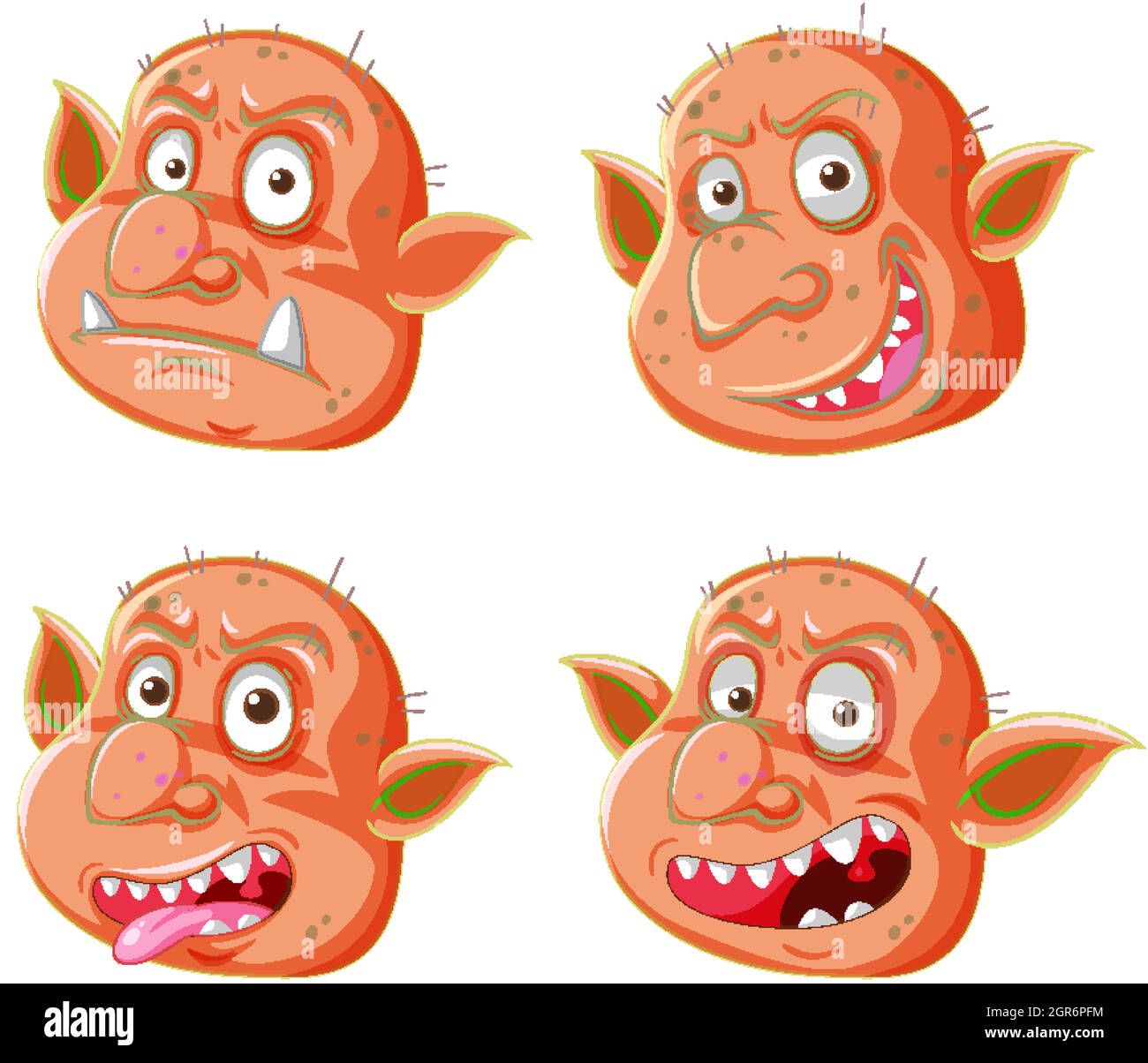 Ensemble de goblin orange ou troll face dans différentes expressions dans le style de dessin animé isolé Illustration de Vecteur