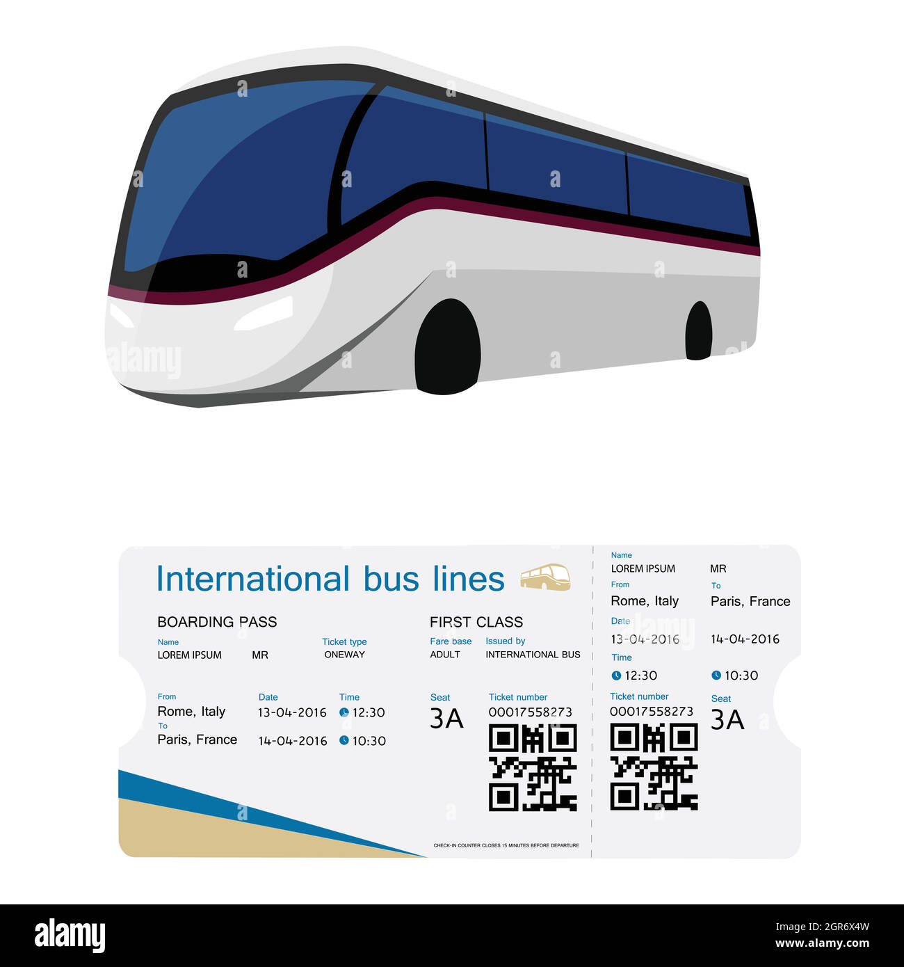 Concept de voyage et de tourisme du monde. Billet avec code QR, modèle de carte d'embarquement. Lignes de bus, air, train et croisière. Vecteur Illustration de Vecteur