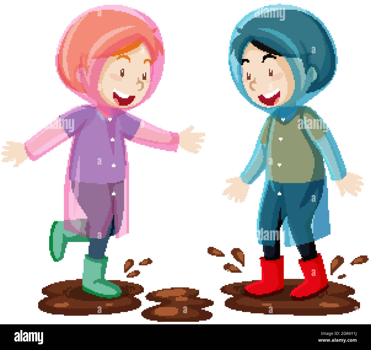 Deux enfants portant un imperméable sautant dans un style de dessin animé de boue isolé sur fond blanc Illustration de Vecteur