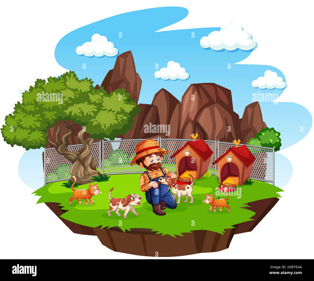 Fermier avec des chiens mignons dans la ferme sur fond blanc Illustration de Vecteur