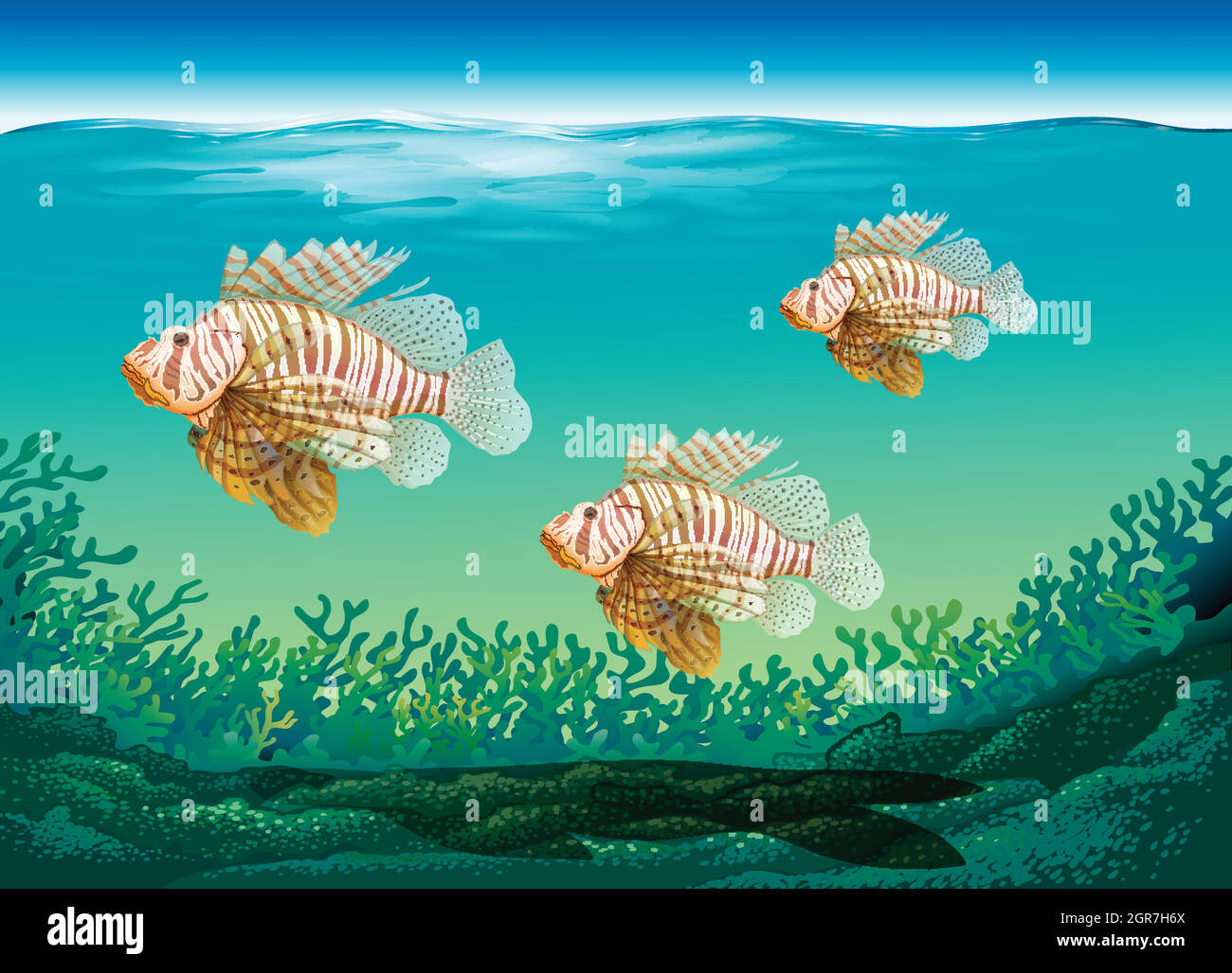 Scène sous-marine avec trois poissons nageant Illustration de Vecteur