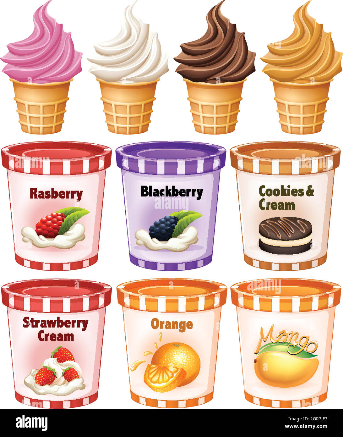 Différentes saveurs de glace et de yaourt Illustration de Vecteur