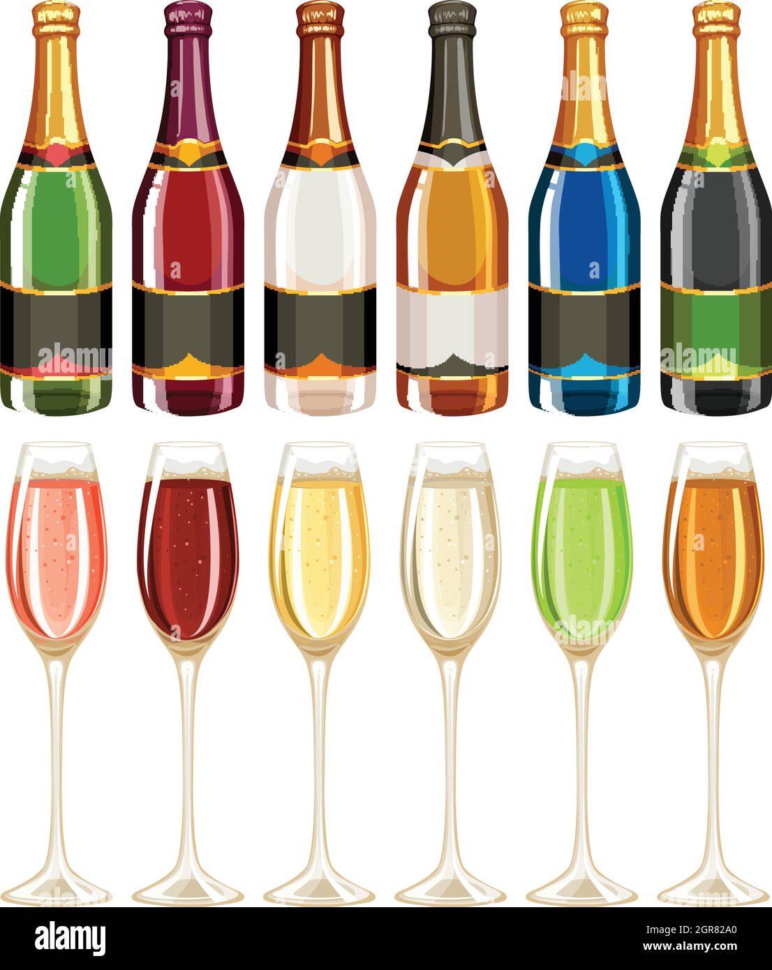 Verres à vin et bouteille dans de nombreuses couleurs Illustration de Vecteur