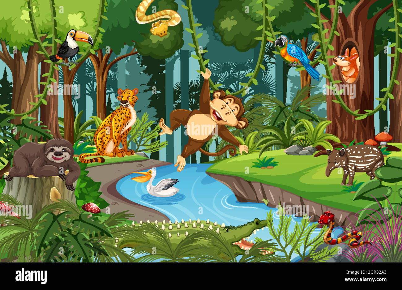 Personnage de dessin animé animal sauvage dans la scène de la forêt Illustration de Vecteur
