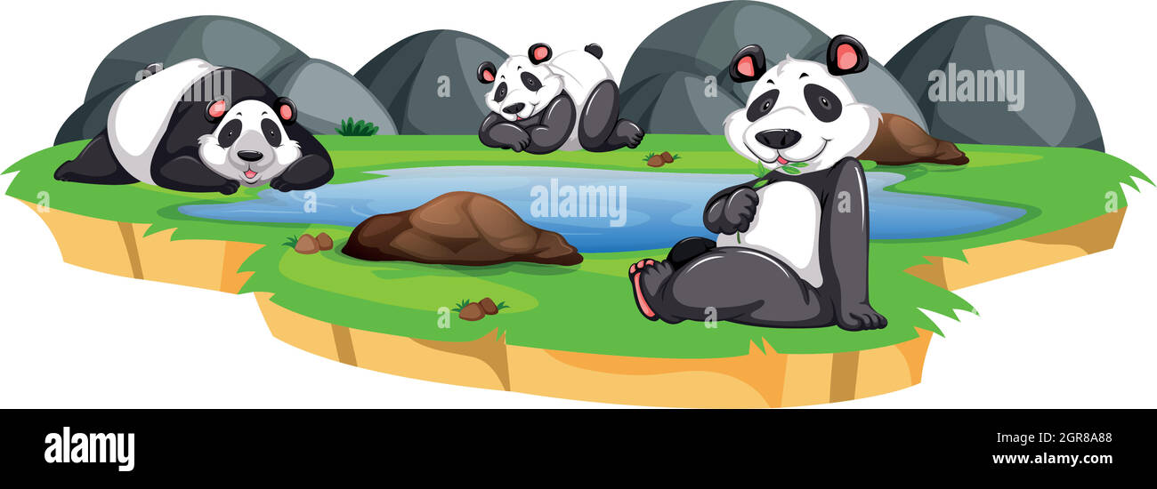 Groupe de panda à l'étang Illustration de Vecteur