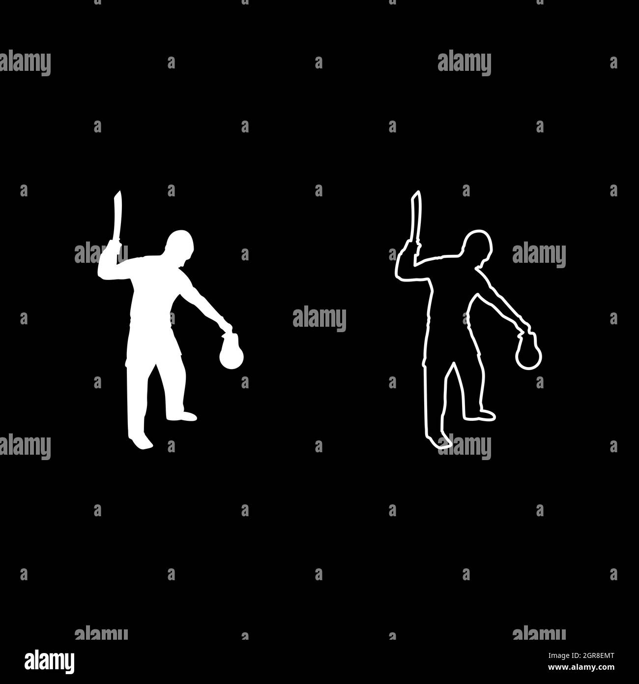 Homme avec une machette d'épée armes froides en main militaire Soldier Serviceman dans les positions Hunter avec le combat de couteau pose le défenseur puissant guerrier concept d'armes Stand tenant la chose silhouette blanc couleur vecteur illustration image de style de contour solide Illustration de Vecteur