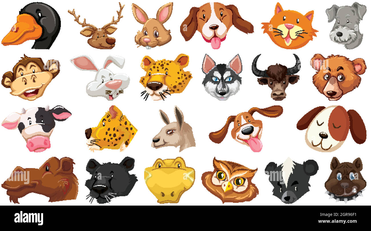 Ensemble de différents animaux de dessin animé mignon tête énorme isolé sur fond blanc Illustration de Vecteur