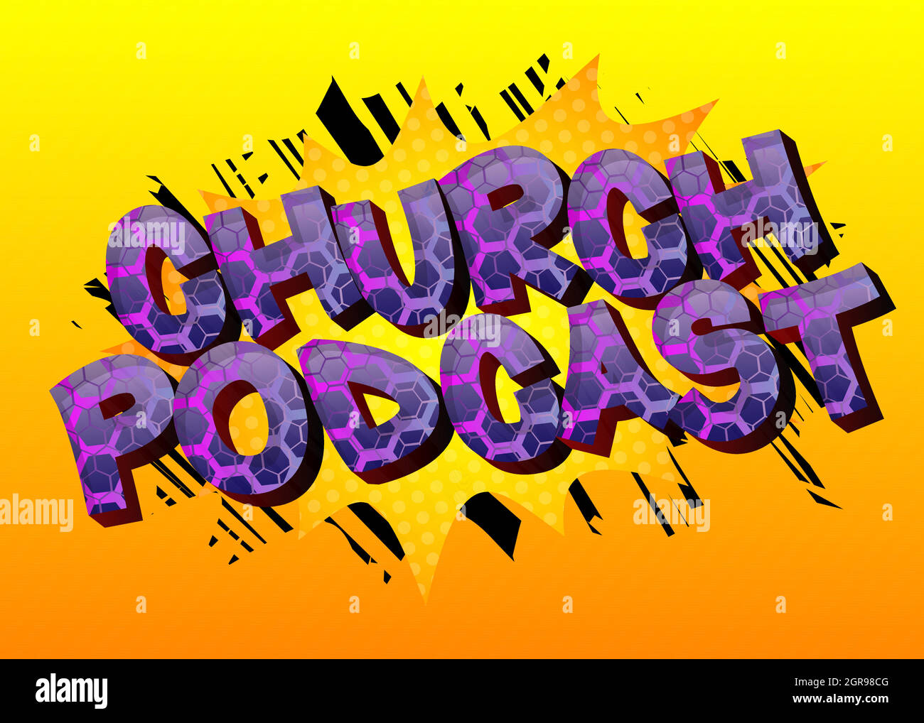 Church Podcast - mot de bande dessinée sur fond d'art pop coloré. Illustration de Vecteur