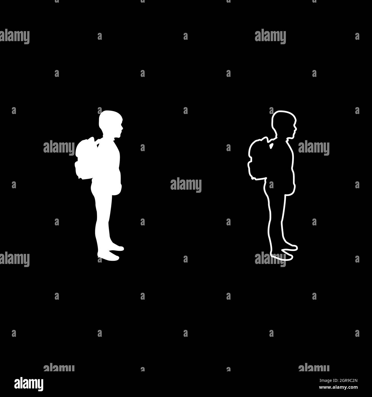Écolier avec sac à dos élève porte sur le dos aller à l'école concept revenir à l'école idée éducation sac à dos de Preschooler premier septembre commencer leçons knapack vue latérale silhouette blanc couleur vecteur illustration solide contour image de style Illustration de Vecteur