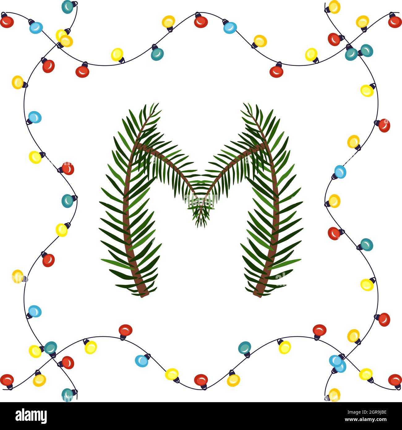 Lettre M des branches vertes de l'arbre de Noël. Police et cadre festifs de guirlande, symbole 