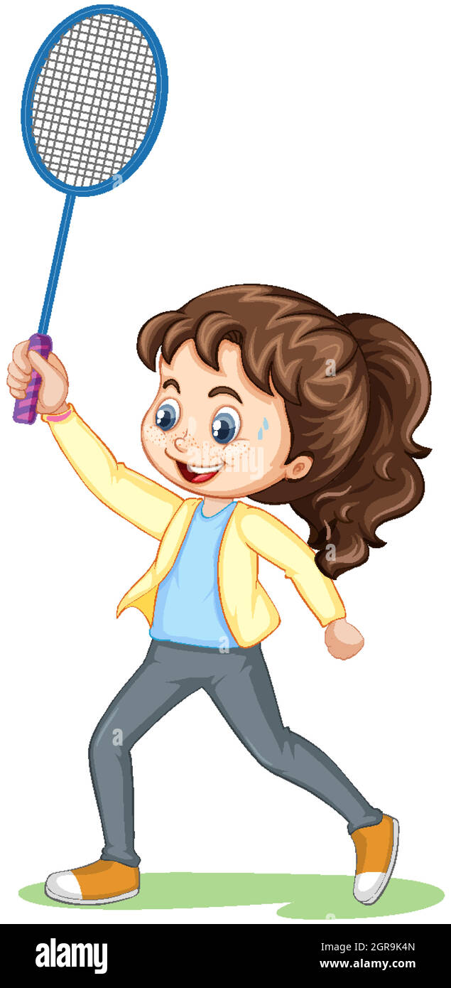 Adorable fille jouant badminton personnage de dessin animé isolé Illustration de Vecteur