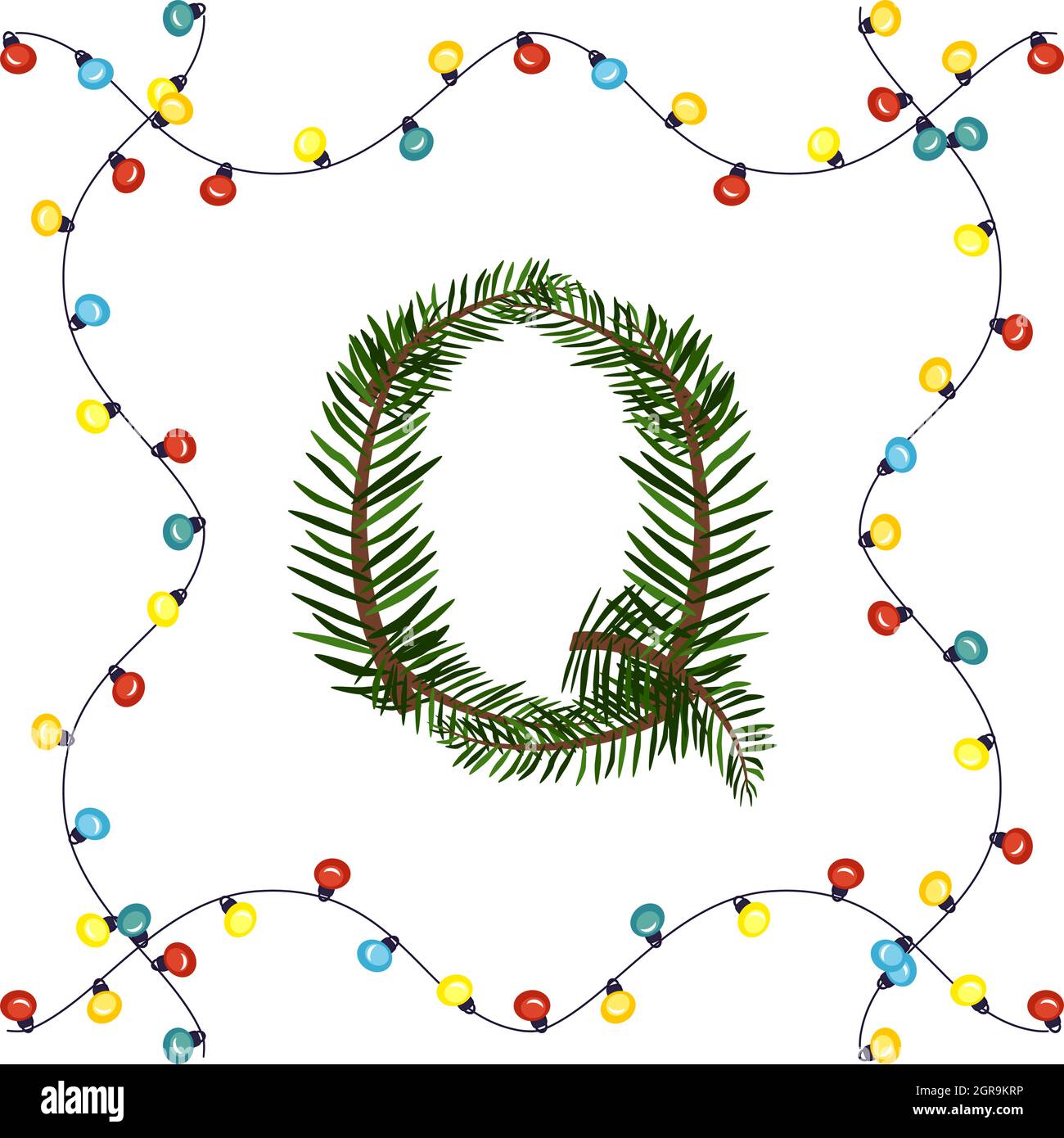 Lettre Q des branches vertes de l'arbre de Noël. Police et cadre festifs de guirlande, symbole du nouvel an et de Noël heureux, signe de l'alphabet Illustration de Vecteur