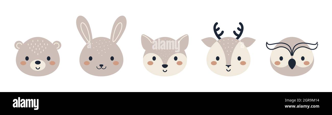 Ensemble de têtes d'animaux boisés mignons de style scandinave. Collection animaux personnages drôles pour enfants cartes, douche de bébé, invitation d'anniversaire, maison i Illustration de Vecteur