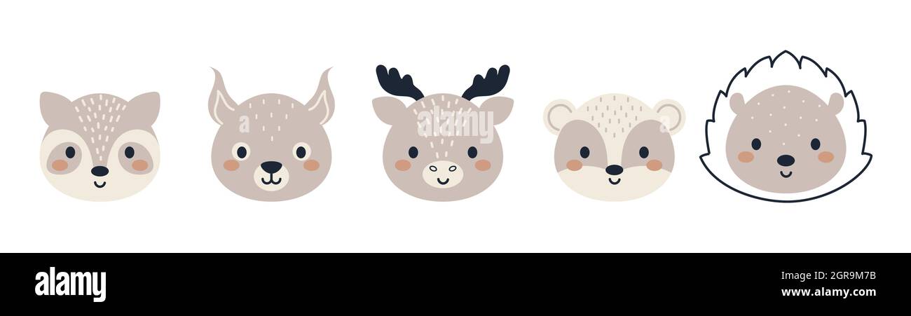 Ensemble de têtes d'animaux boisés mignons de style scandinave. Collection animaux personnages drôles pour enfants cartes, douche de bébé, invitation d'anniversaire, maison i Illustration de Vecteur