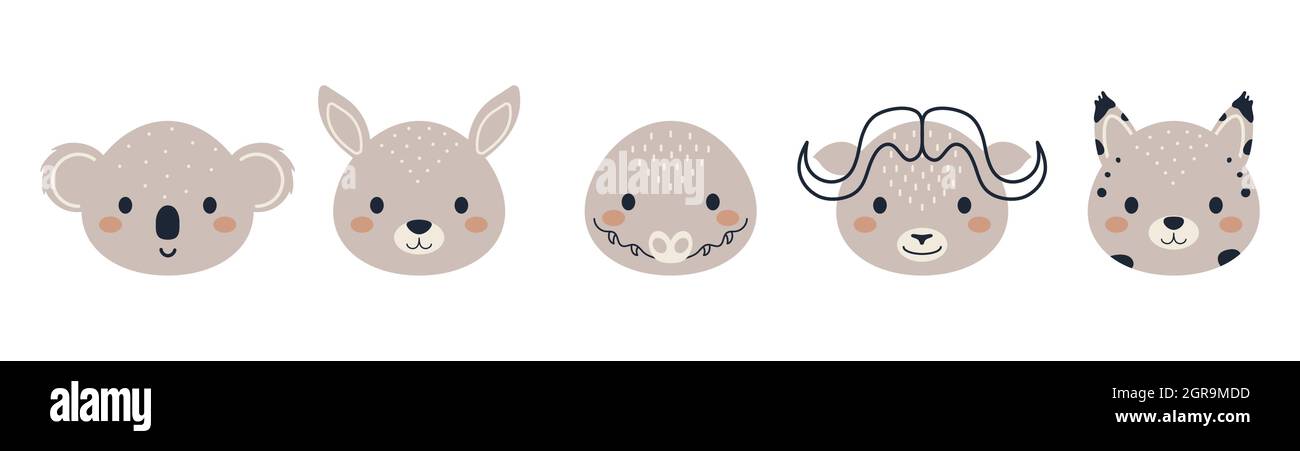 Ensemble de têtes d'animaux mignons de style scandinave. Collection animaux personnages drôles pour enfants cartes, douche de bébé, invitation d'anniversaire, intérieur de maison. Illustration de Vecteur