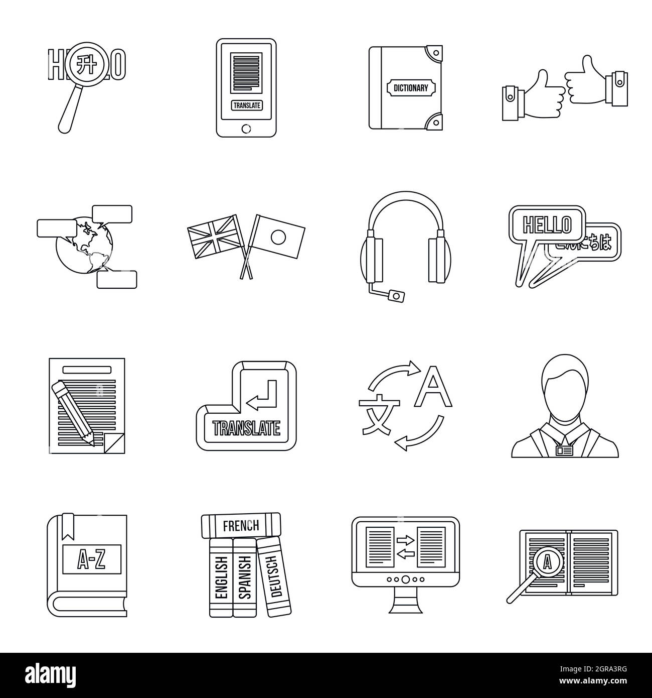 L'apprentissage des langues étrangères icons set style contour Illustration de Vecteur