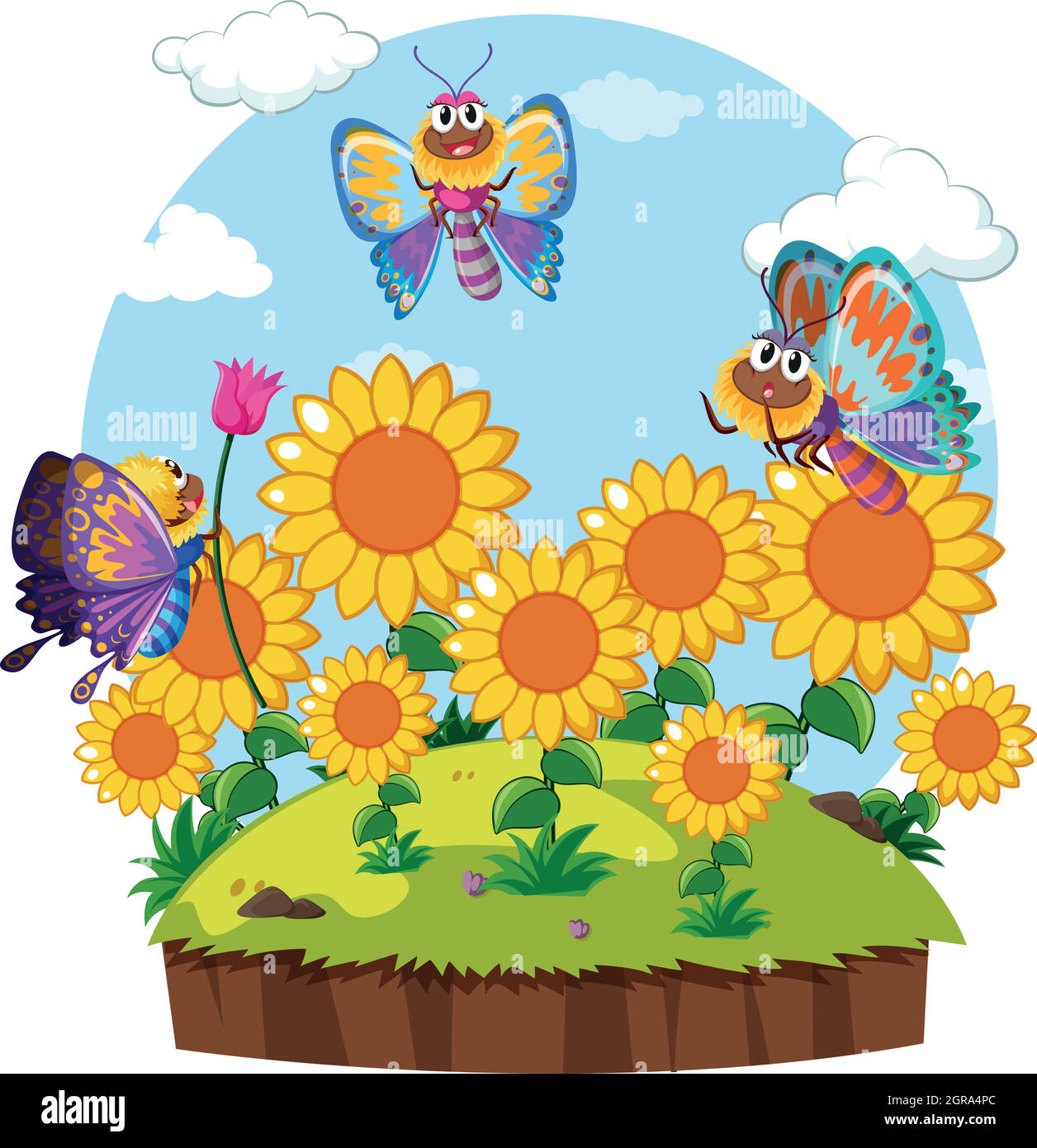 Papillons volant autour de jardin de fleurs Illustration de Vecteur