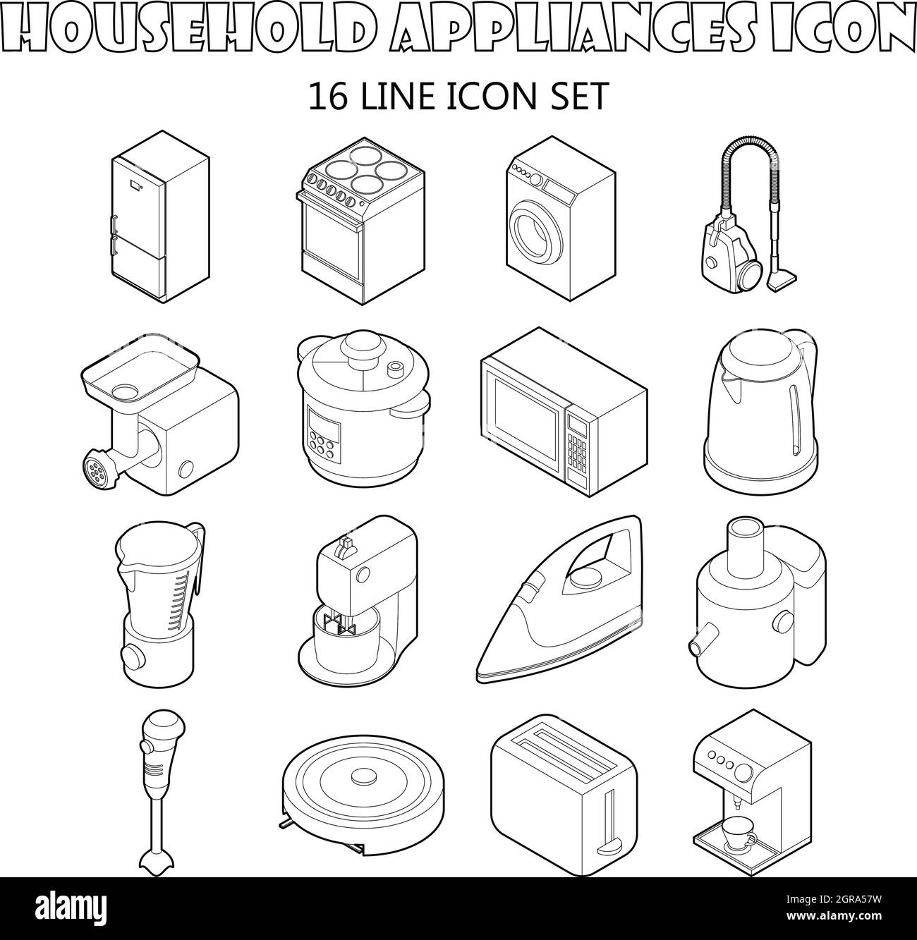 Jeu d'icônes d'appareils ménagers, style de contour Illustration de Vecteur