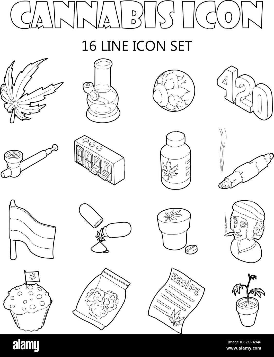 Le Cannabis, cartoon style icons set Illustration de Vecteur