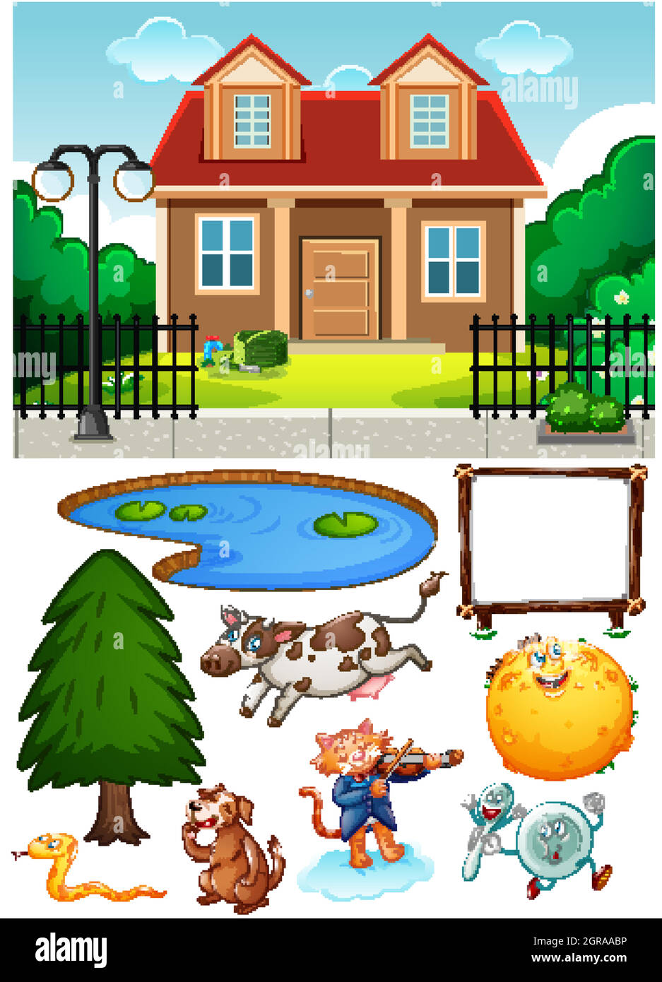 Une maison dans la nature scène avec personnage de dessin animé isolé et des objets Illustration de Vecteur