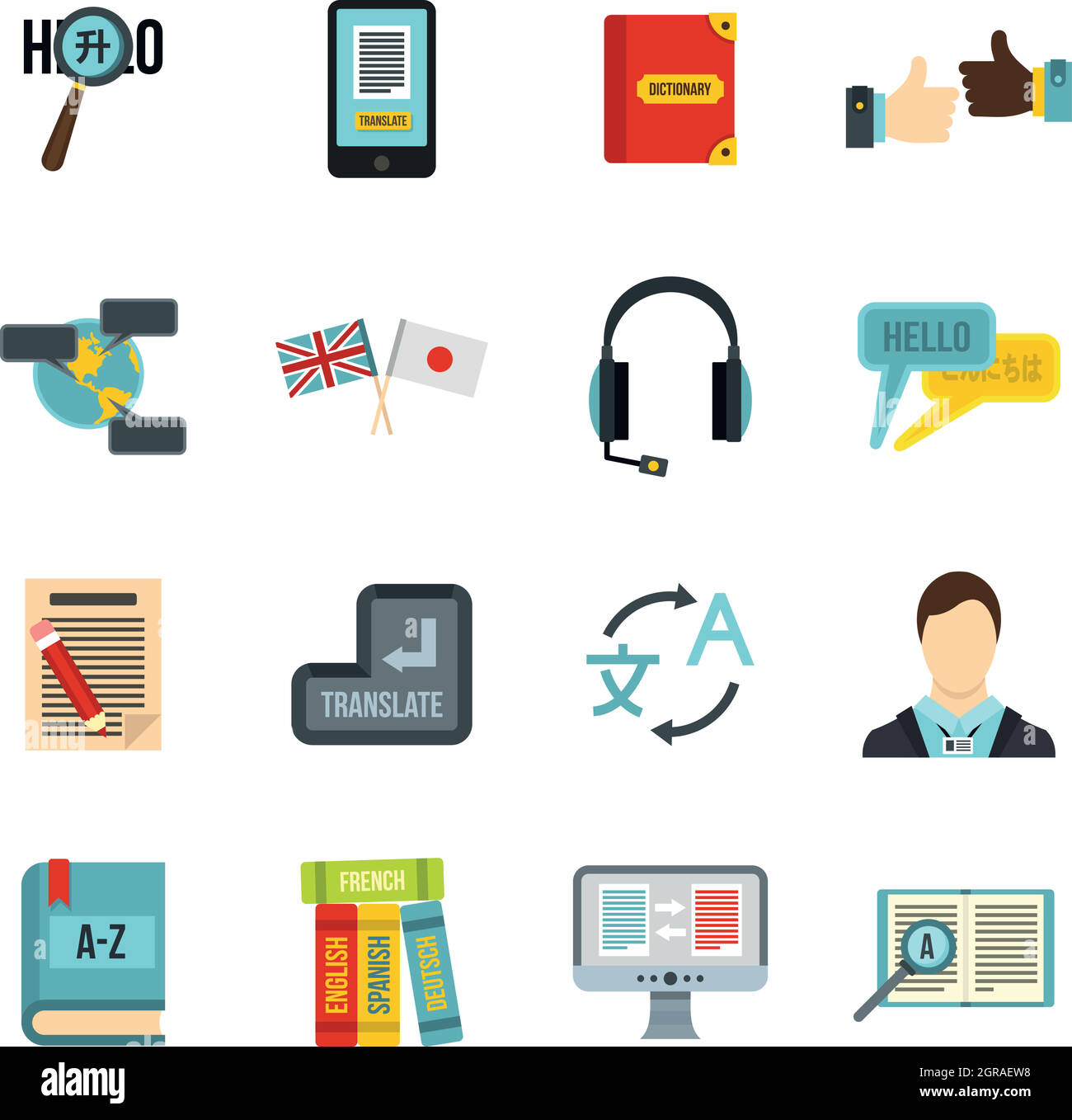 L'apprentissage des langues étrangères icons set, style plat Illustration de Vecteur