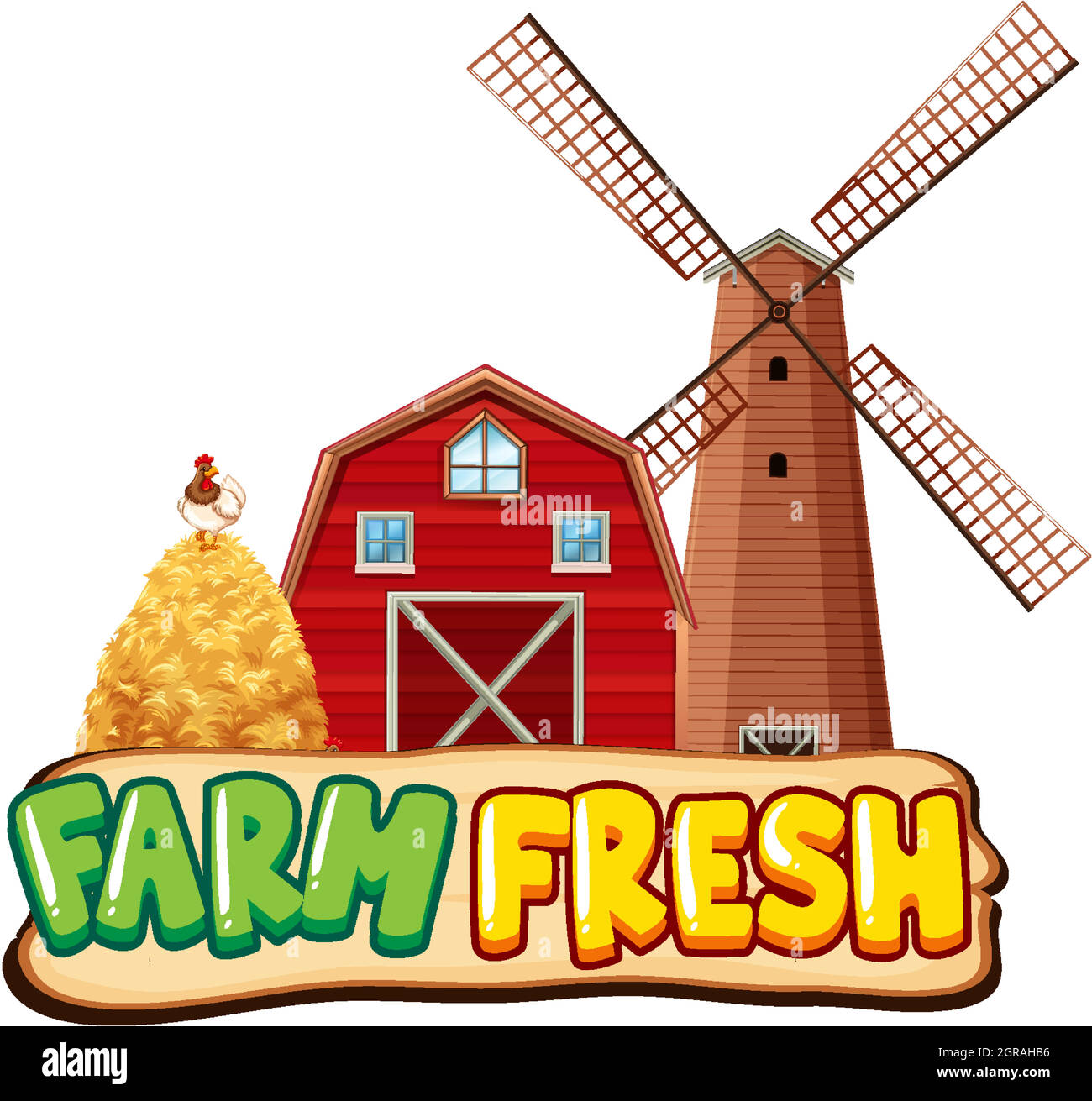 Modèle de conception de police pour ferme fraîche avec grange et moulin à vent Illustration de Vecteur