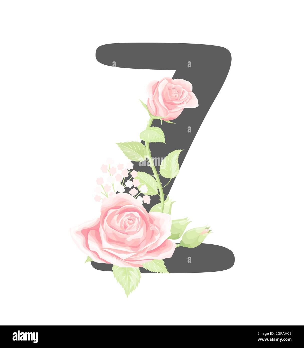 Lettre Z de l'alphabet floral vectoriel avec fleurs roses crème et feuilles vertes Illustration de Vecteur
