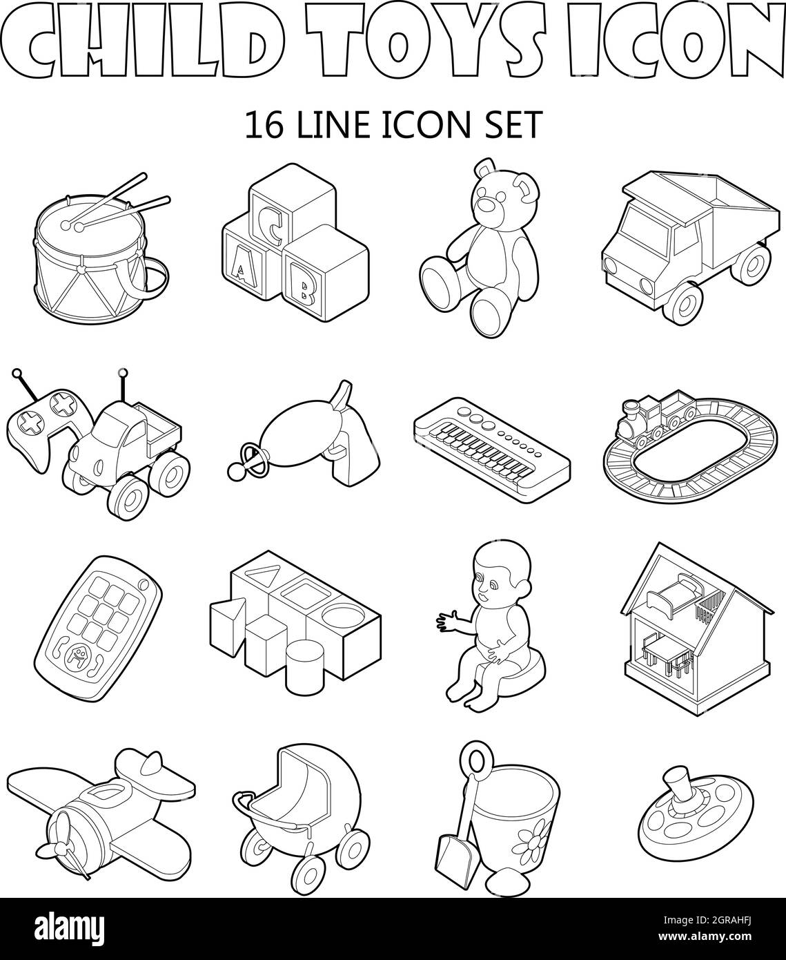 Jeu d'icônes de jouets pour enfants, style de contour Illustration de Vecteur