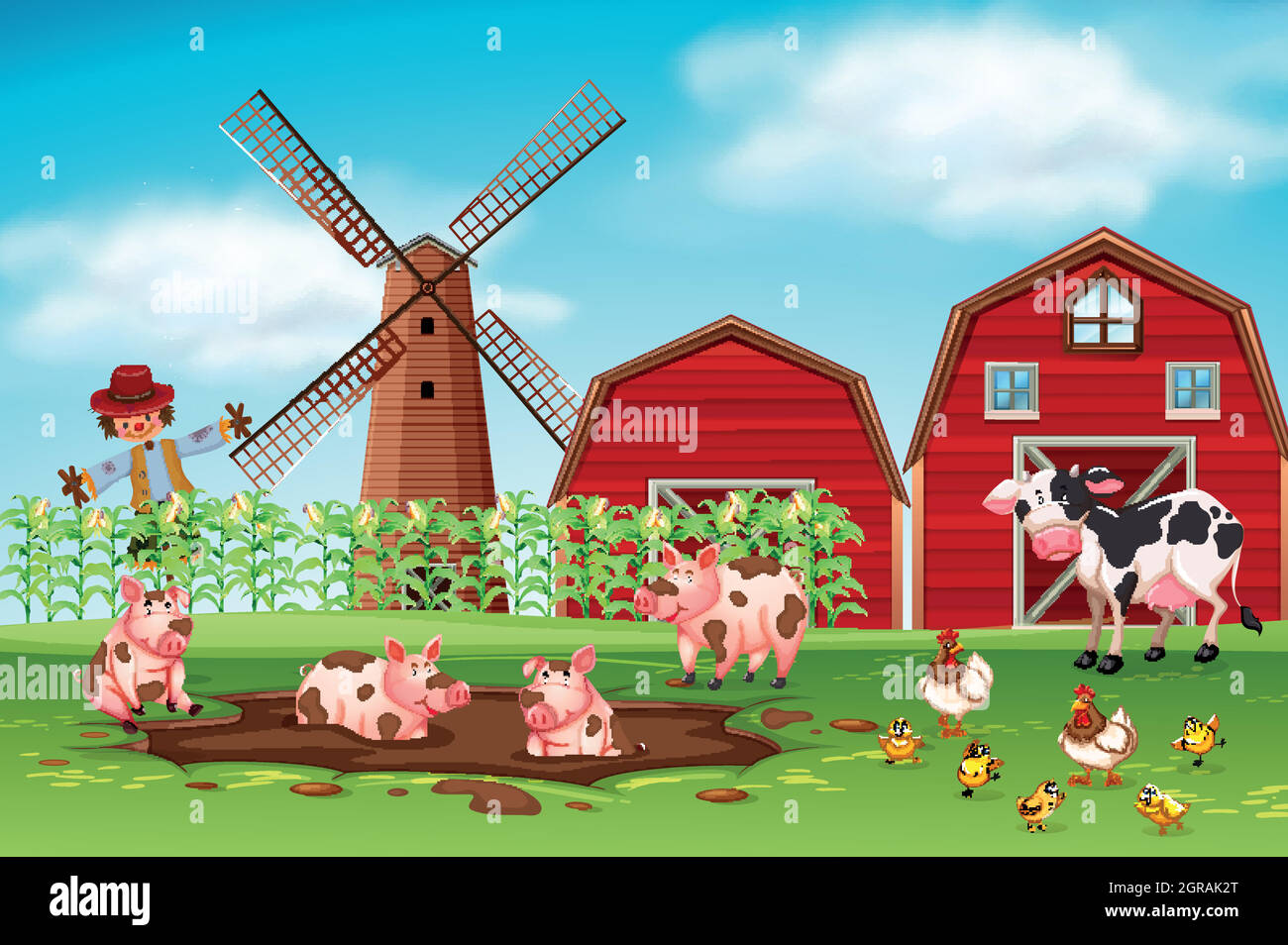 Scène de ferme avec les animaux Illustration de Vecteur