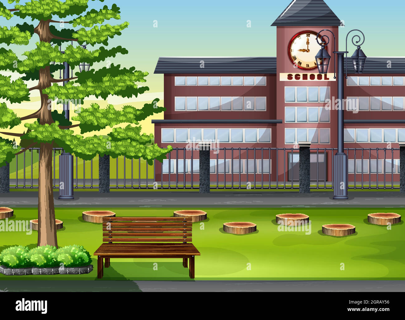 Bâtiment de l'école et jeux pour enfants Illustration de Vecteur