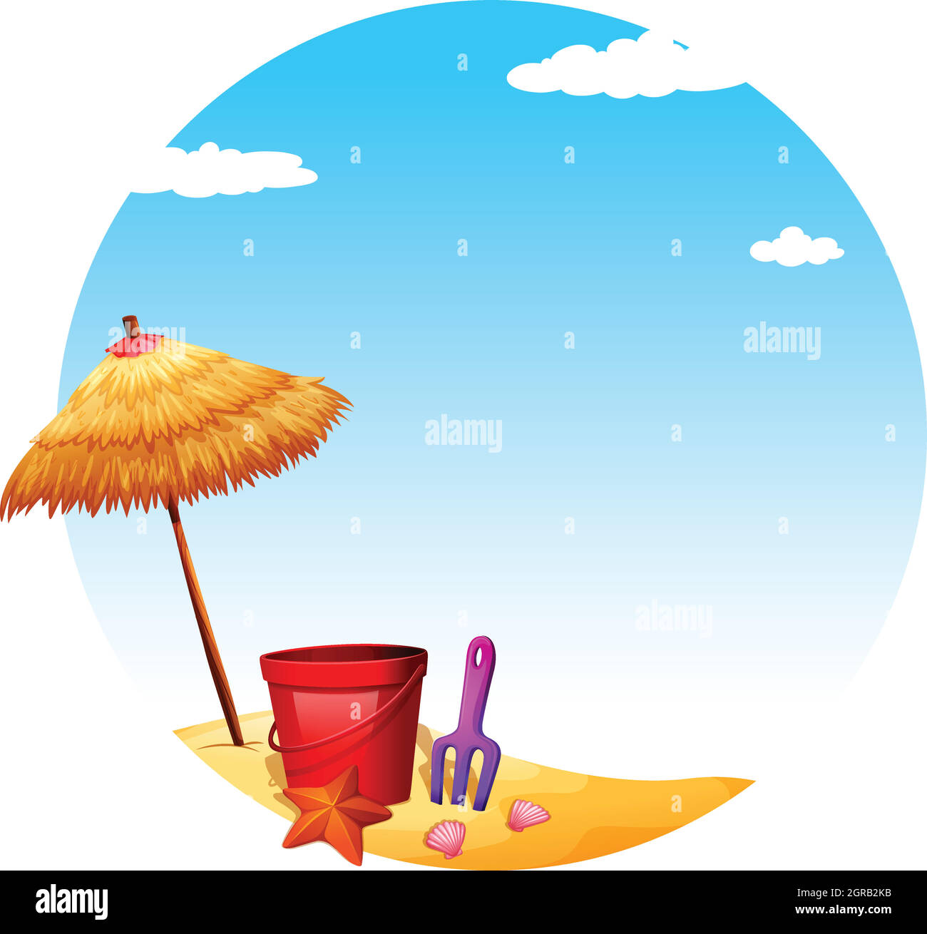 Une plage avec un parasol et des jouets Illustration de Vecteur
