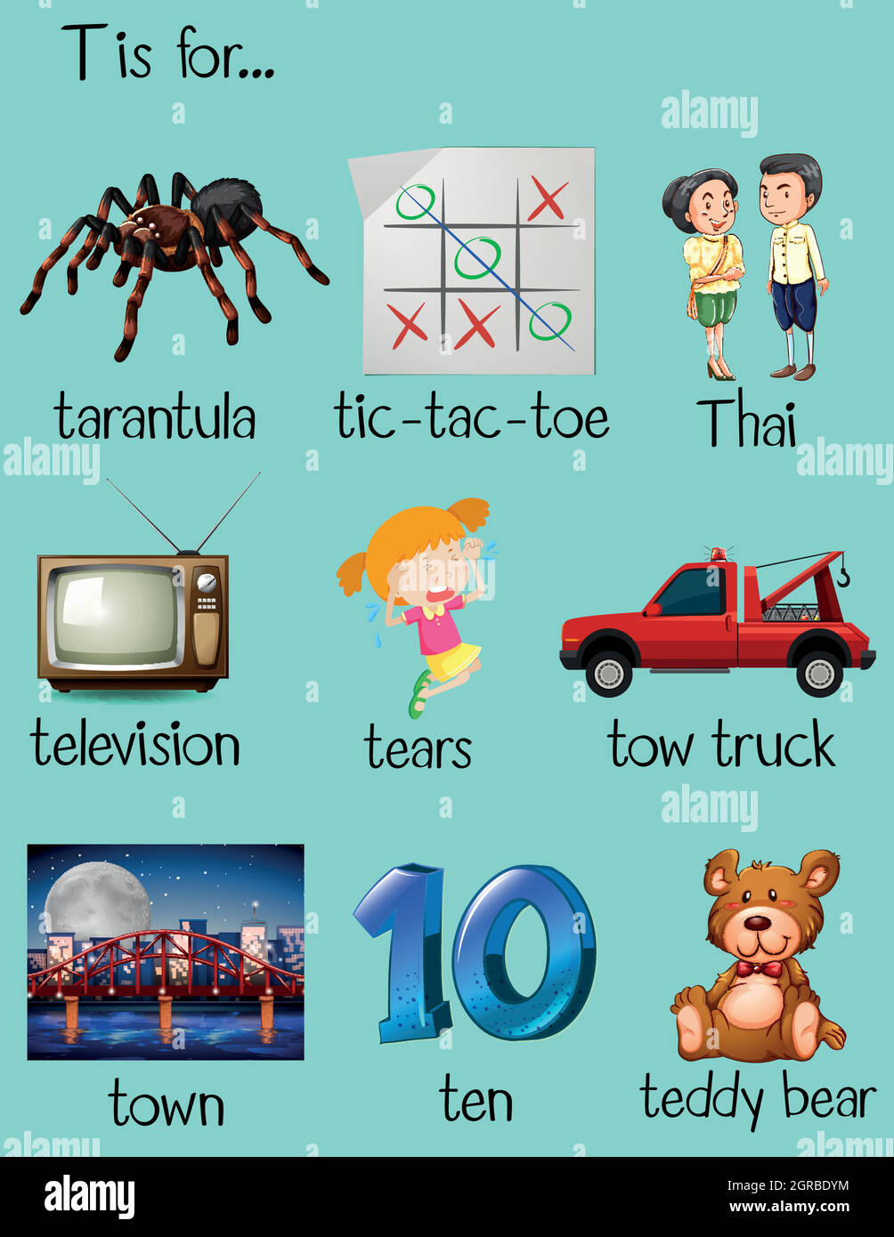 Beaucoup de mots commencent par la lettre T. Illustration de Vecteur